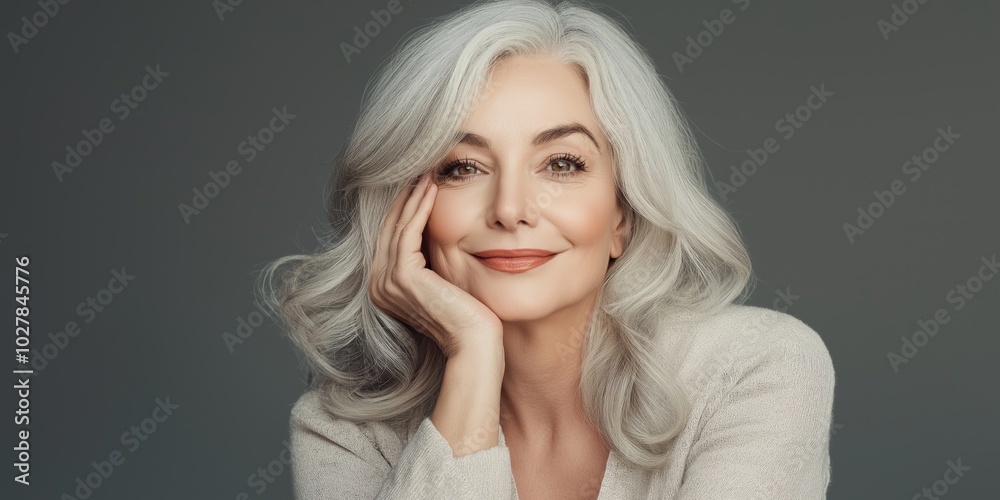A woman with white hair is smiling and resting her chin on her hand. She is wearing a white shirt and she is happy A woman with white hair is smiling and resting her chin on her hand. She is wearing a white shirt and she is happy