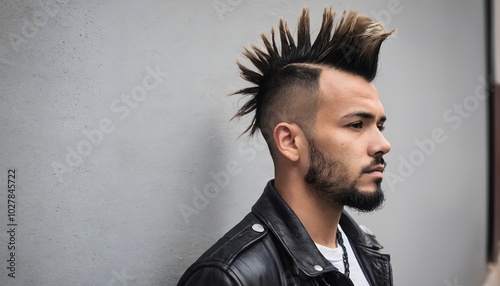 Profile of a man with a spiked mohawk hairstyle and beard, wearing a black leather jacket. photo