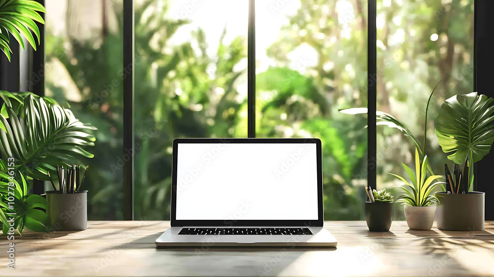 Laptop with a blank screen on a neat desk in a sunlit home office, with lush green plants and soft furniture in the background.
Laptop with a blank screen on a neat desk in a sunlit home office, with lush green plants and soft furniture in the background.
