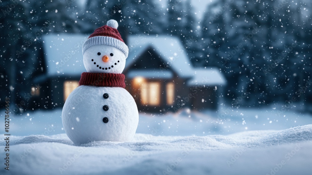 Fototapeta premium Snowman with hat, snowy landscape, winter scene