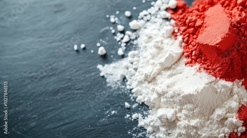 Red and white powder piles are arranged artfully on a dark surface, emphasizing contrast and texture in a minimalist yet striking composition of shades. photo