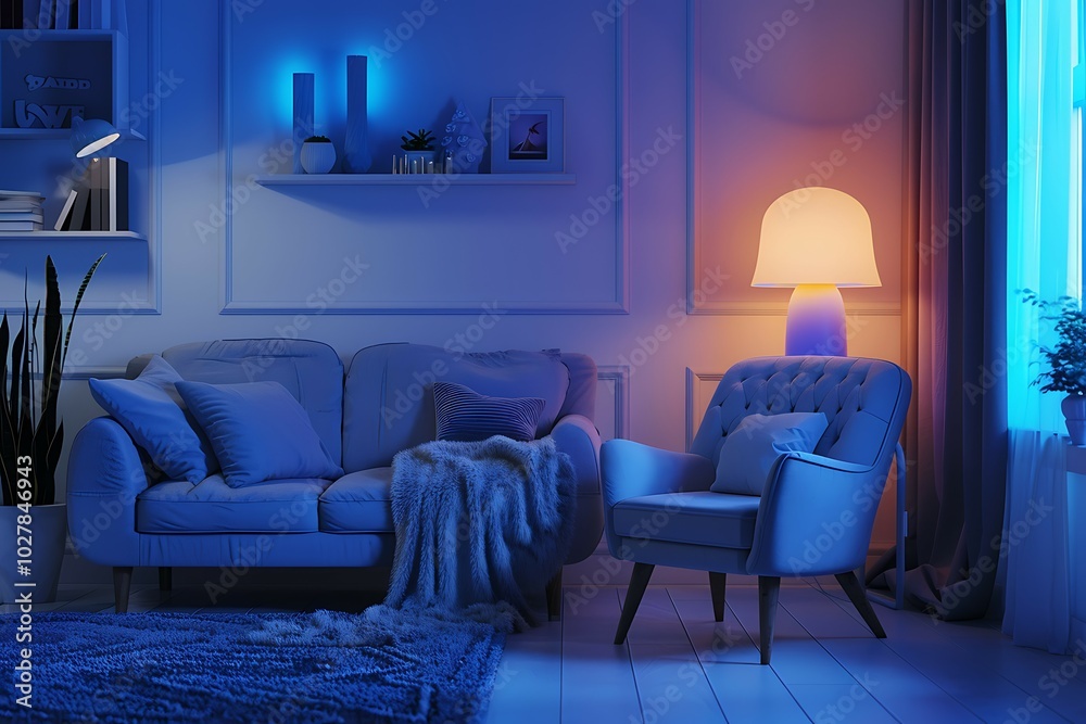 interior with blue sofa and armchair. 3d render illustration