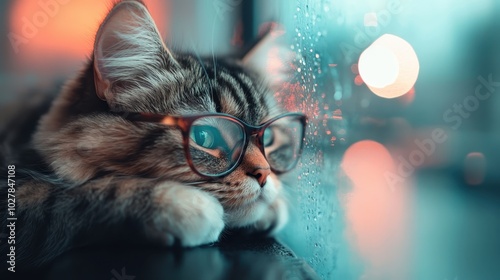 A reflective cat wearing glasses stares thoughtfully through raindrops on a window, creating a peaceful scene filled with introspection and quiet beauty. photo