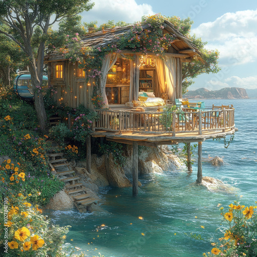 maisonnette en bois sur un nuage de mer avec des firefly, toit terrasse avec hamac sur et avec piscine sur un balcon, plain de fleurs autour et une caravane atelier. Photo realistic, sunny light, summ photo