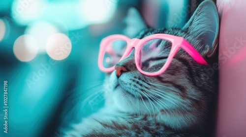 The serene image shows a cute kitty wearing pink glasses napping peacefully, evoking a sense of tranquility and the simplistic beauty of everyday life.