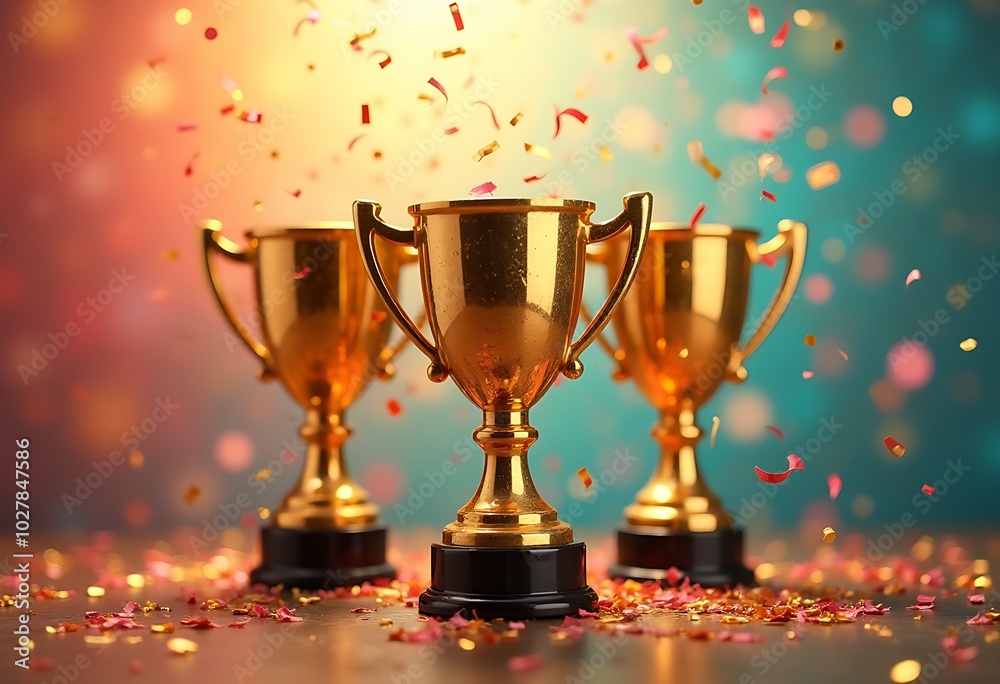 3 gold trophy cup with confetti on vibrant color light background, success, achievement 3 gold trophy cup with confetti on vibrant color light background, success, achievement