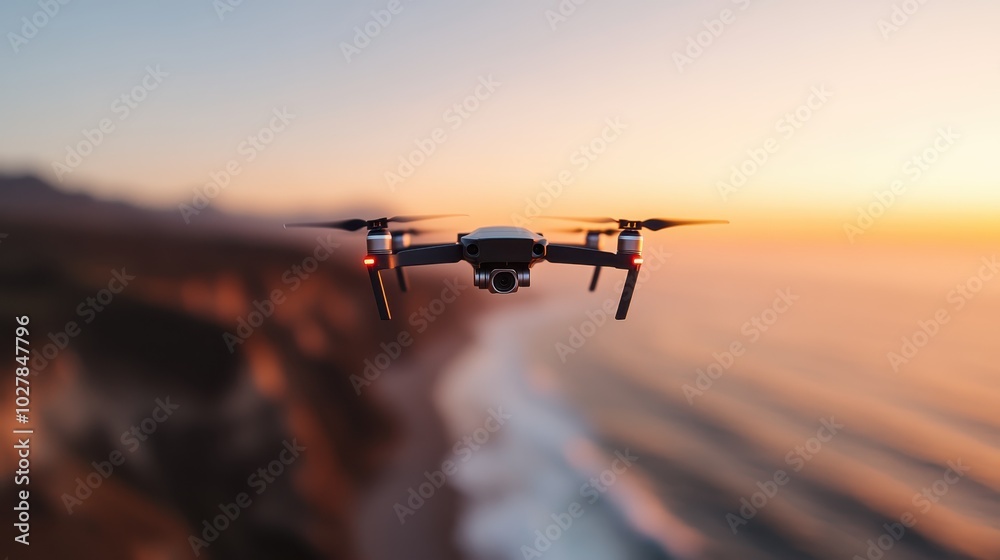 A high-tech drone hovers effortlessly over a breathtaking coastal landscape, capturing stunning views of a golden sunset reflected on vast ocean waters—from a unique perspective. A high-tech drone hovers effortlessly over a breathtaking coastal landscape, capturing stunning views of a golden sunset reflected on vast ocean waters—from a unique perspective.
