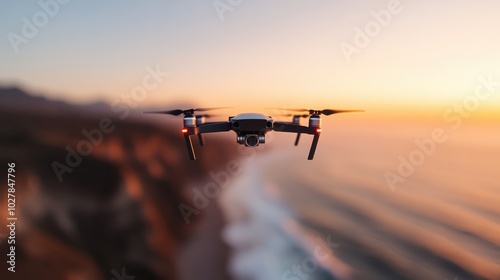 A high-tech drone hovers effortlessly over a breathtaking coastal landscape, capturing stunning views of a golden sunset reflected on vast ocean waters—from a unique perspective.