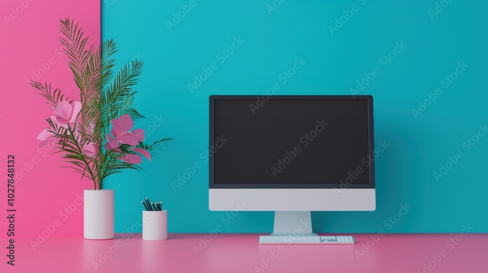 Stylish workspace with modern computer setup. Stylish workspace with modern computer setup.