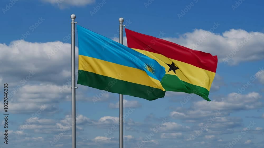 Ghana and Rwanda flags flying together, video concept of the relationship, two country relations concept Ghana and Rwanda flags flying together, video concept of the relationship, two country relations concept