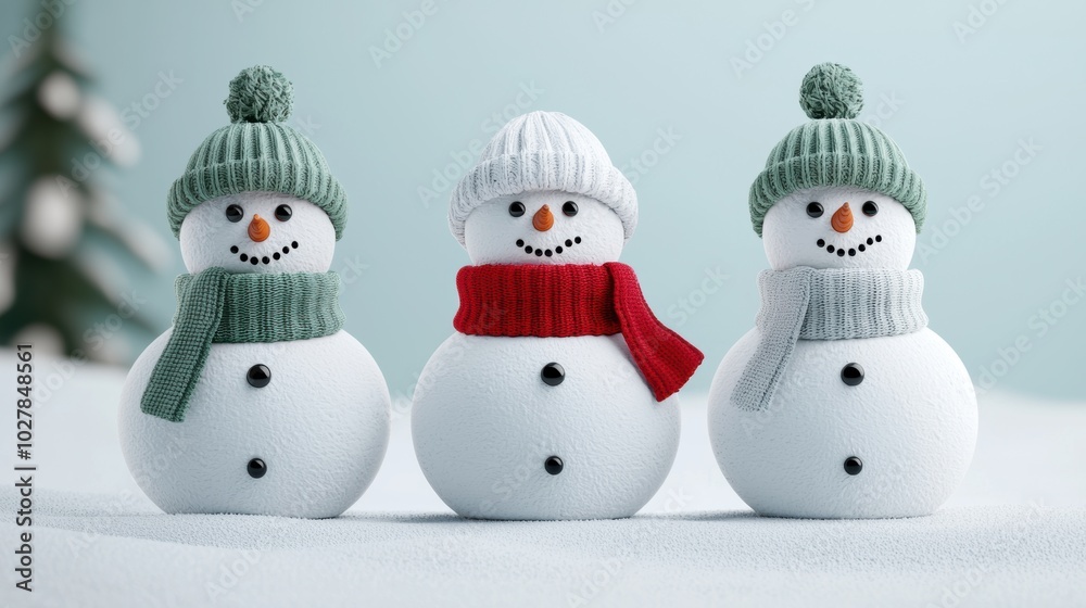 Three cheerful snowmen with hats and scarves on a snowy background. Three cheerful snowmen with hats and scarves on a snowy background.