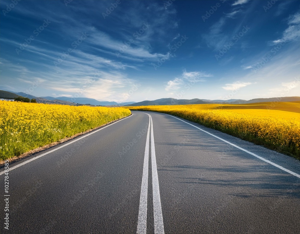 Naklejka premium empty asphalt road and floral field of yellow flowers summer spring autumn background