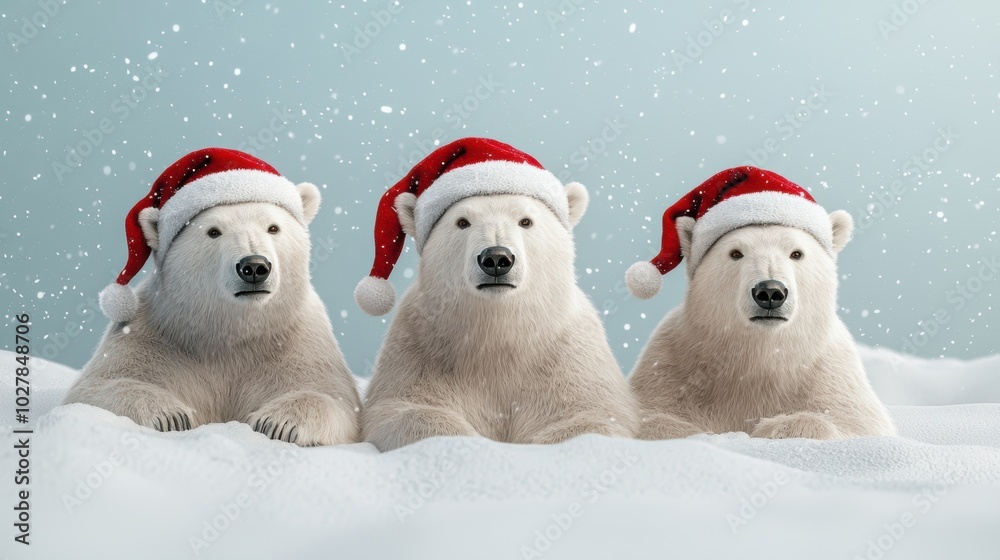 Three polar bears in Christmas hats, snow background Three polar bears in Christmas hats, snow background
