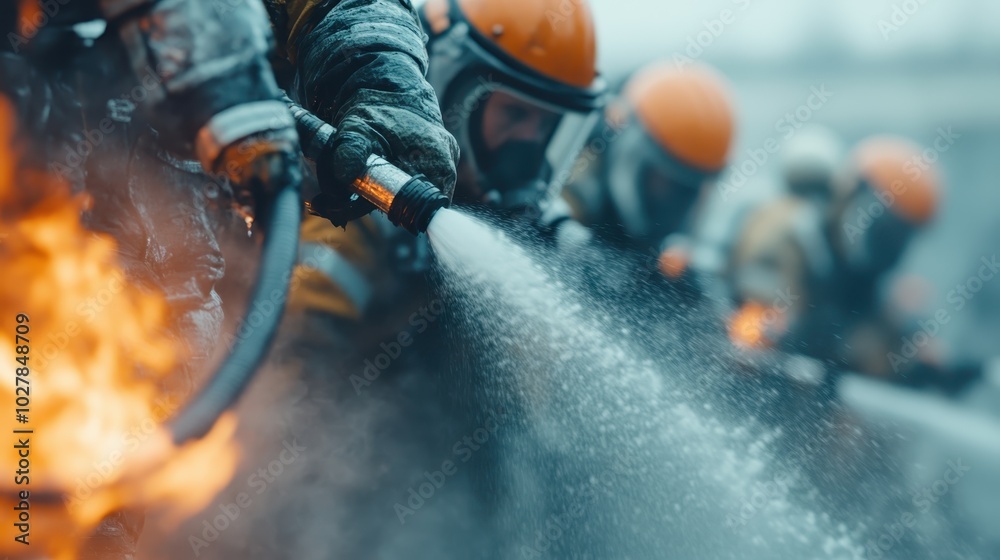 Brave firefighters in full gear spray powerful streams of water on raging flames, capturing courage, teamwork, and determination in the face of danger. Brave firefighters in full gear spray powerful streams of water on raging flames, capturing courage, teamwork, and determination in the face of danger.