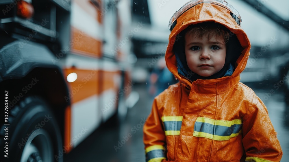 A young child in an orange raincoat standing near a fire truck during rainy weather, capturing a moment of innocence, curiosity, and future promise. A young child in an orange raincoat standing near a fire truck during rainy weather, capturing a moment of innocence, curiosity, and future promise.
