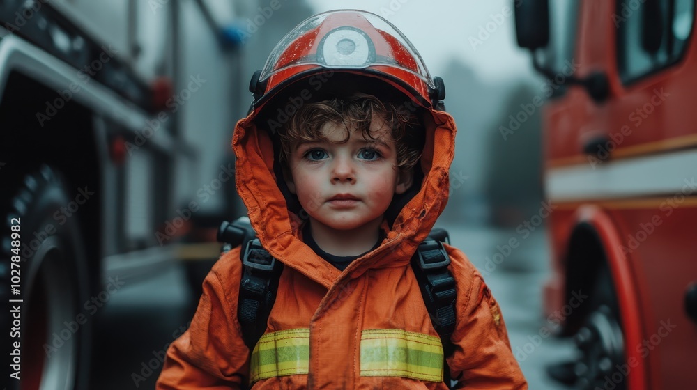A child dressed as a firefighter, standing between two fire trucks with a serious expression, embodying readiness, courage, and a sense of duty. A child dressed as a firefighter, standing between two fire trucks with a serious expression, embodying readiness, courage, and a sense of duty.