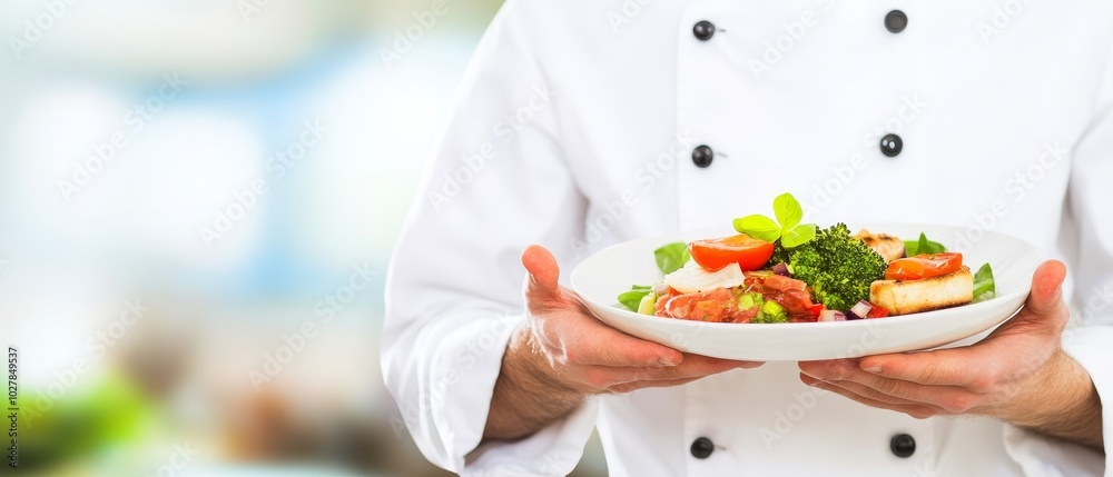 Satisfied Chef, Exquisite Dish: A culinary artist showcases a beautifully plated dish, representing the pinnacle of gastronomy. Satisfied Chef, Exquisite Dish: A culinary artist showcases a beautifully plated dish, representing the pinnacle of gastronomy.