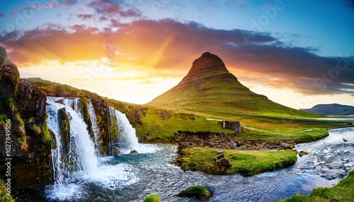 fantastic view on kirkjufellsfoss waterfall near kirkjufell mountain at sunset photo