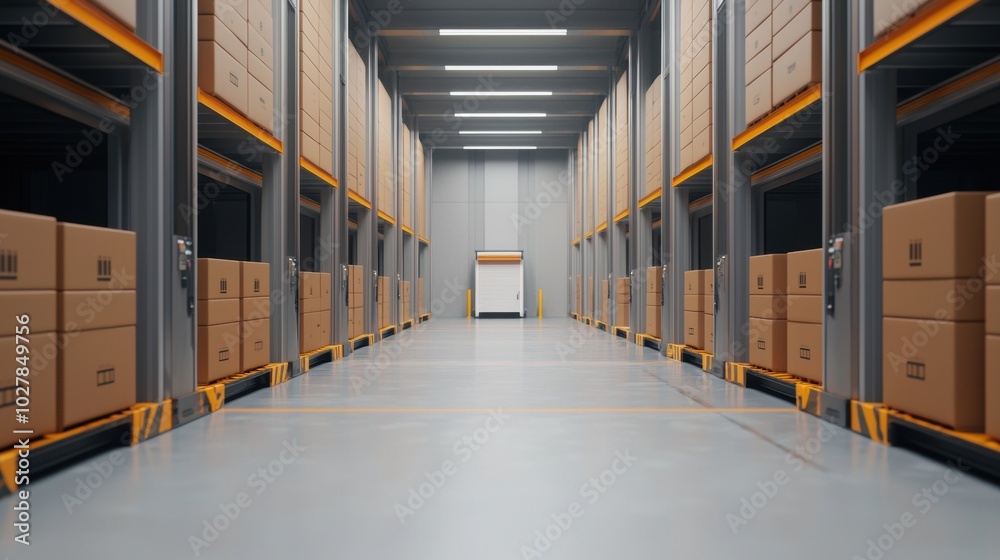Obraz premium Warehouse interior with stacked boxes.