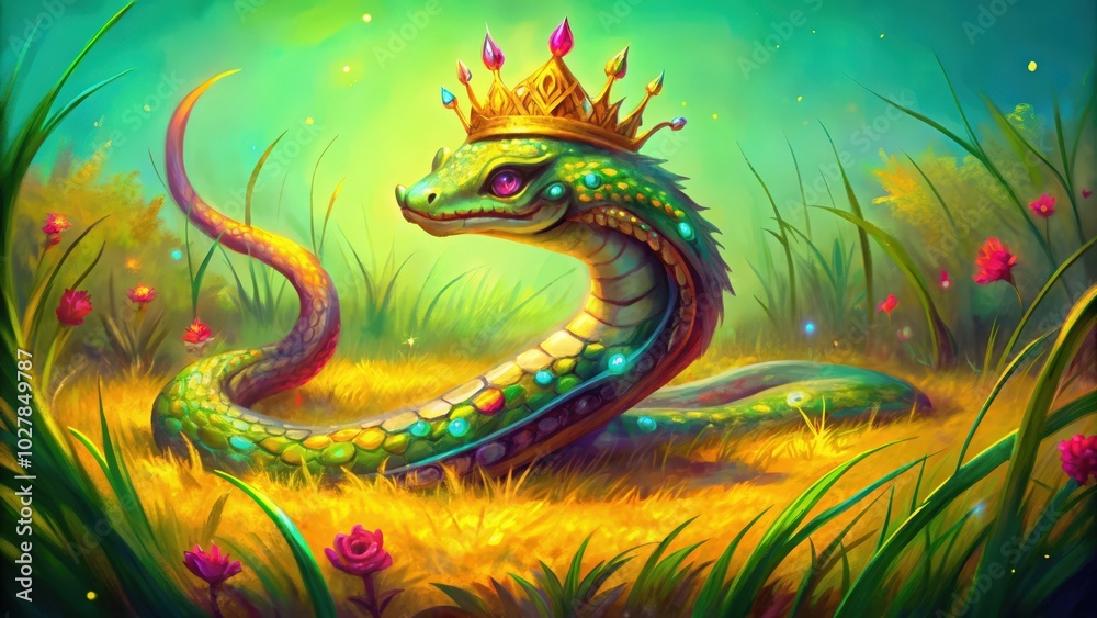 A Crowned Snake Rests in a Field of Flowers A Crowned Snake Rests in a Field of Flowers