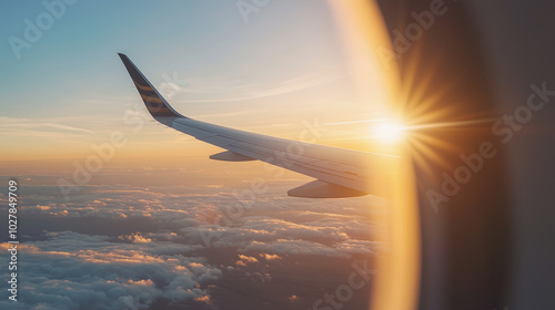 traveler looking out from a plane window at sunrise photo