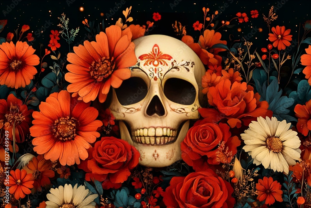 Skull Surrounded by a Vibrant Floral Surround. Skull Surrounded by a Vibrant Floral Surround.