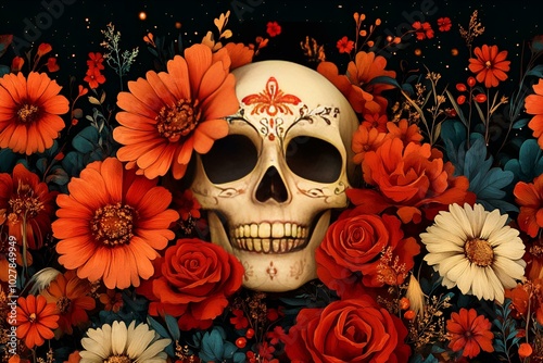 Skull Surrounded by a Vibrant Floral Surround.