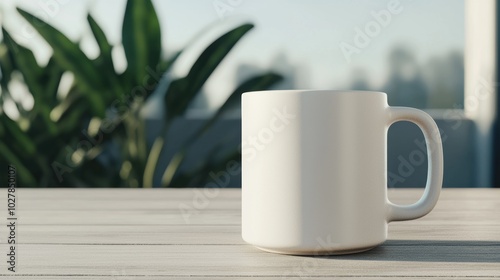 White coffee mug on wooden table, soft background