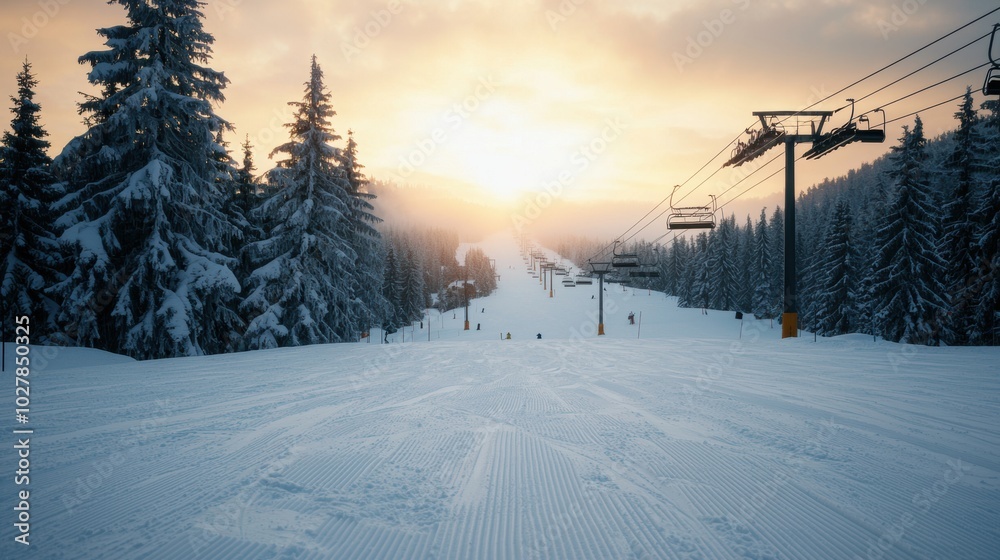 Winter ski slope at sunset with snow-covered trees