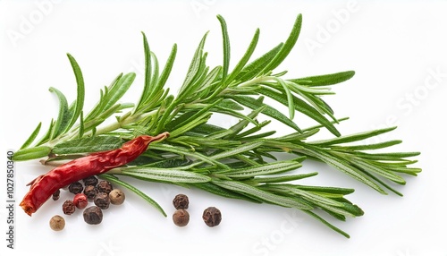 fresh green organic rosemary leaves and peper isolated on white background white background and natural transparent shadow ingredient spice for cooking collection for design