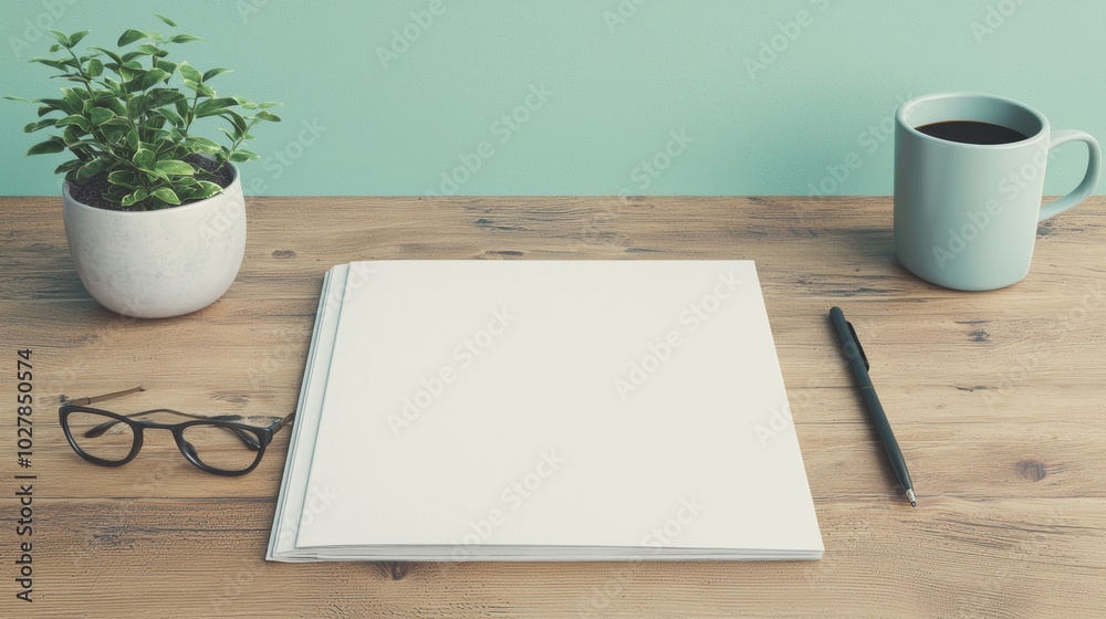 Workspace with plant, notebook, and coffee Workspace with plant, notebook, and coffee