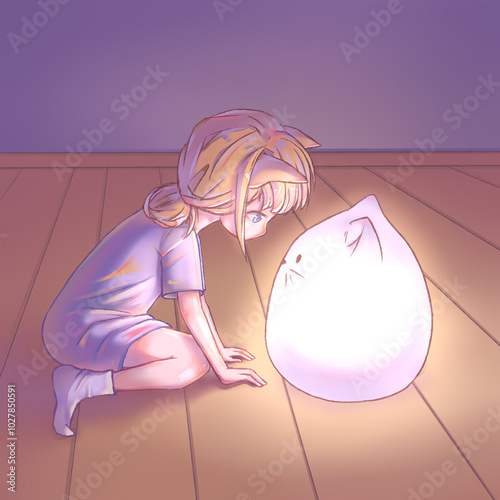 girl in pink dress, Cute kawaii anime girl neko look at the lamp-cat in the room. Cartoon illustration art 