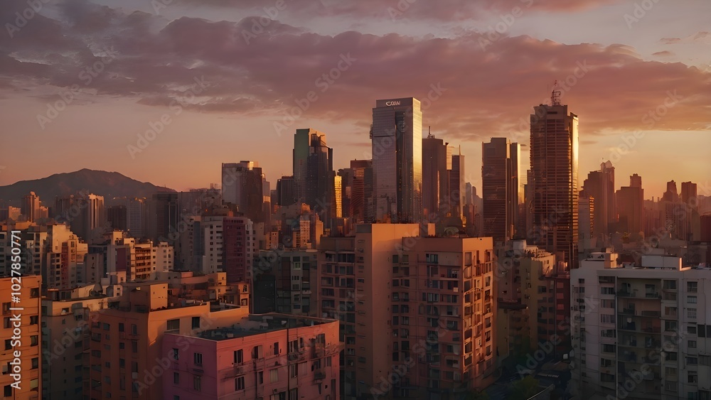 Fototapeta premium Sunset Over A Modern City Skyline With Skyscrapers And Mountains