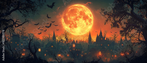 A haunting Halloween scene featuring a large, glowing full moon dominating the background, casting an eerie light over a row of small, whimsical, and slightly crooked houses with pointed roofs.