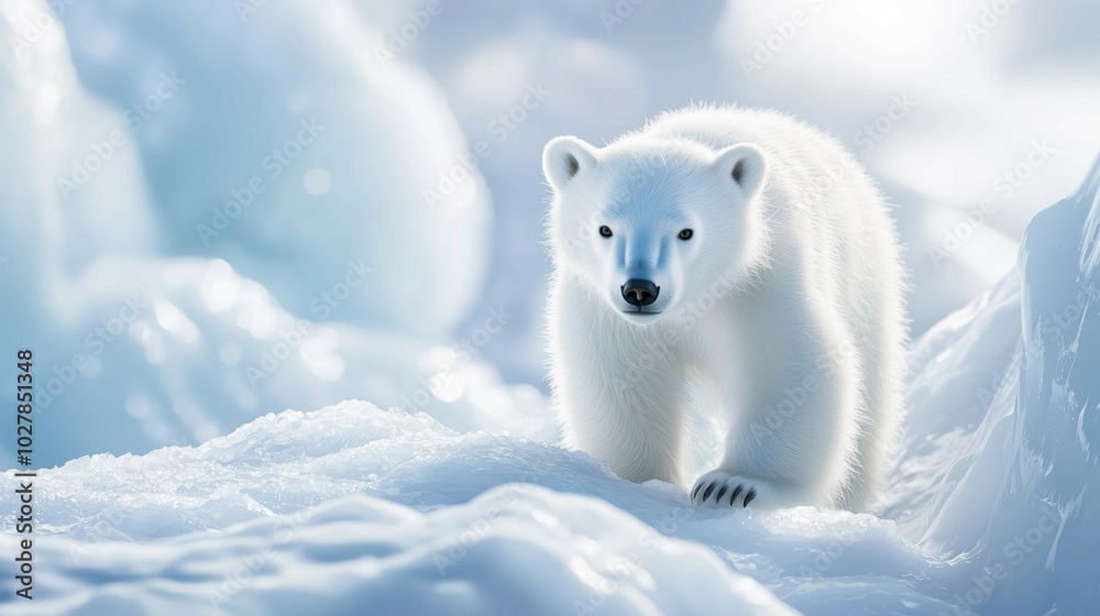 A polar bear in a snowy background, empty space, serene, minimal, winter atmosphere A polar bear in a snowy background, empty space, serene, minimal, winter atmosphere