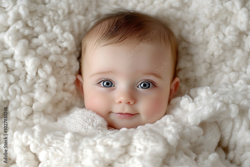 Radiant newborn baby resting on a soft white blanket, eyes sparkling with innocence, close-up capture, high-definition clarity, smooth skin, modern minimalist photography. Radiant newborn baby resting on a soft white blanket, eyes sparkling with innocence, close-up capture, high-definition clarity, smooth skin, modern minimalist photography.