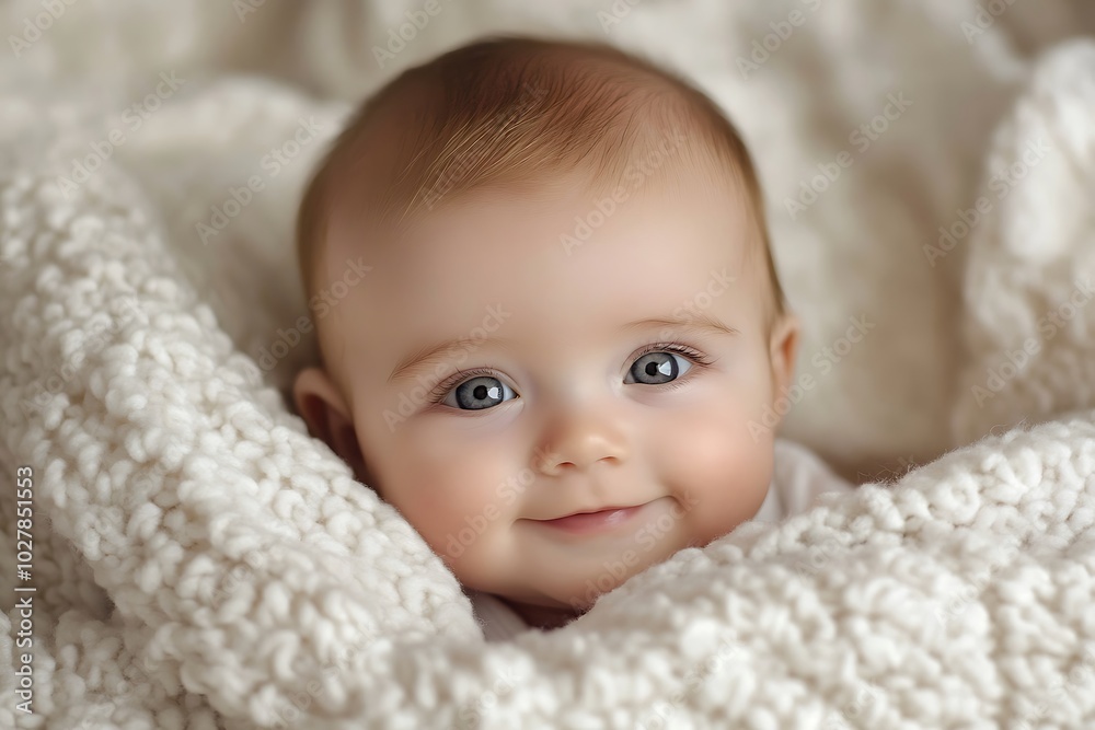 Radiant newborn baby resting on a soft white blanket, eyes sparkling with innocence. Radiant newborn baby resting on a soft white blanket, eyes sparkling with innocence.