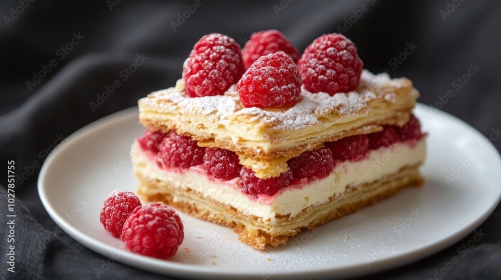 Halvah mille-feuille with a raspberry on top, served on a white dish with a dark linen tablecloth underneath Halvah mille-feuille with a raspberry on top, served on a white dish with a dark linen tablecloth underneath