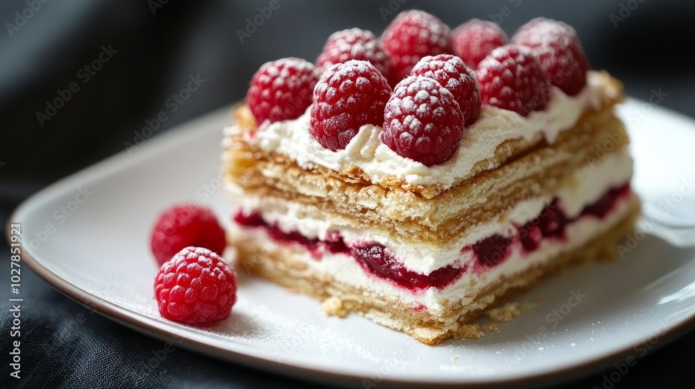 Halvah mille-feuille with a raspberry on top, served on a white dish with a dark linen tablecloth underneath Halvah mille-feuille with a raspberry on top, served on a white dish with a dark linen tablecloth underneath