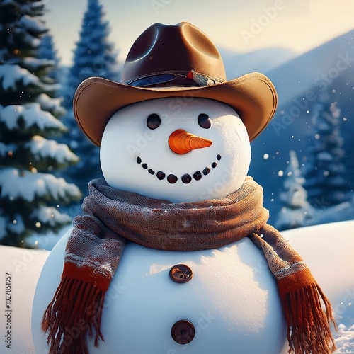 happy snowman with scarf and cowboy hat standing in winter christmas landscape snow background