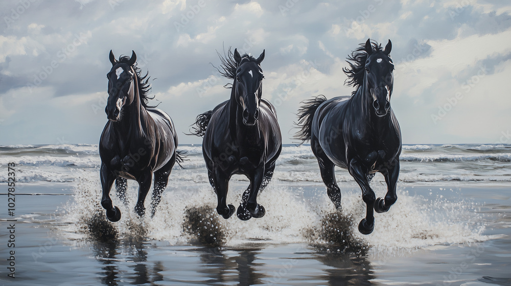 tree BLACK powerful horse on beach running painting
