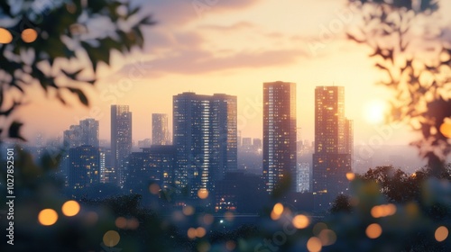 Cityscape at Sunset with Bokeh Lights