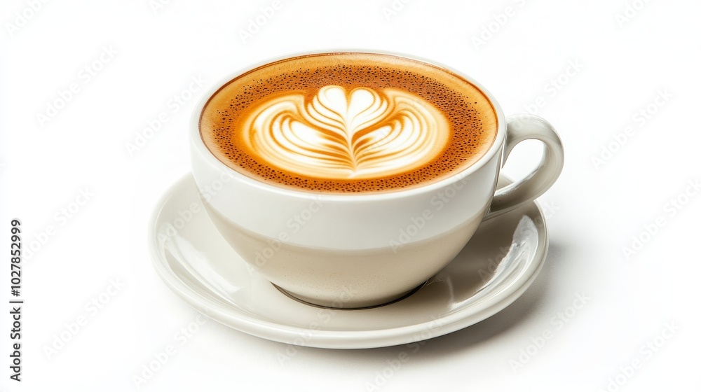 A close-up of a coffee cup with intricate latte art on a white background A close-up of a coffee cup with intricate latte art on a white background