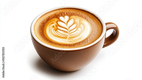 A close-up of a coffee cup with intricate latte art on a white background