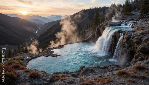  Hot spring with a small waterfall in a mountainous area, mountain gorge backdrop