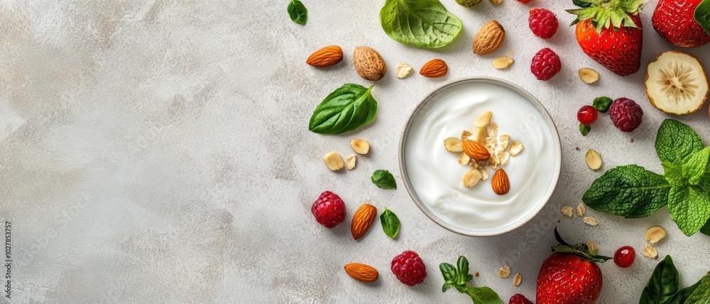 A fresh yogurt bowl garnished with nuts, berries, and mint, perfect for a healthy snack or breakfast option. A fresh yogurt bowl garnished with nuts, berries, and mint, perfect for a healthy snack or breakfast option.