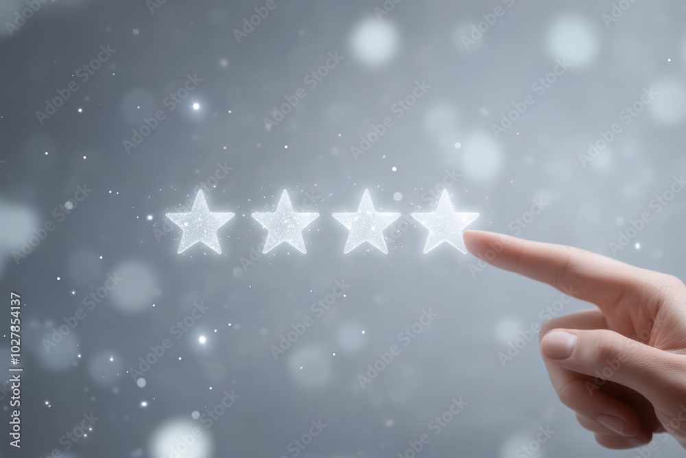 A hand pointing at glowing stars in a snow-covered background, symbolizing ratings or reviews in a whimsical design. A hand pointing at glowing stars in a snow-covered background, symbolizing ratings or reviews in a whimsical design.