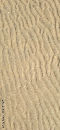 Aerial view of a beautiful sandy beach with gentle wave ripples and clear blue water on a sunny day photo