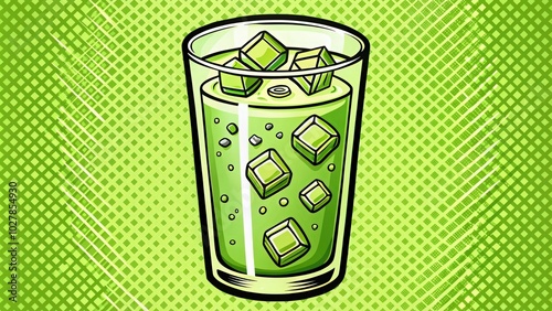 A Glass of Green Liquid with Ice Cubes on a Green Background photo