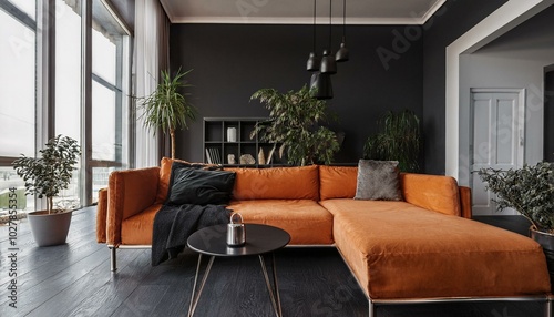 Black living room interior with orange sofa, 3d render